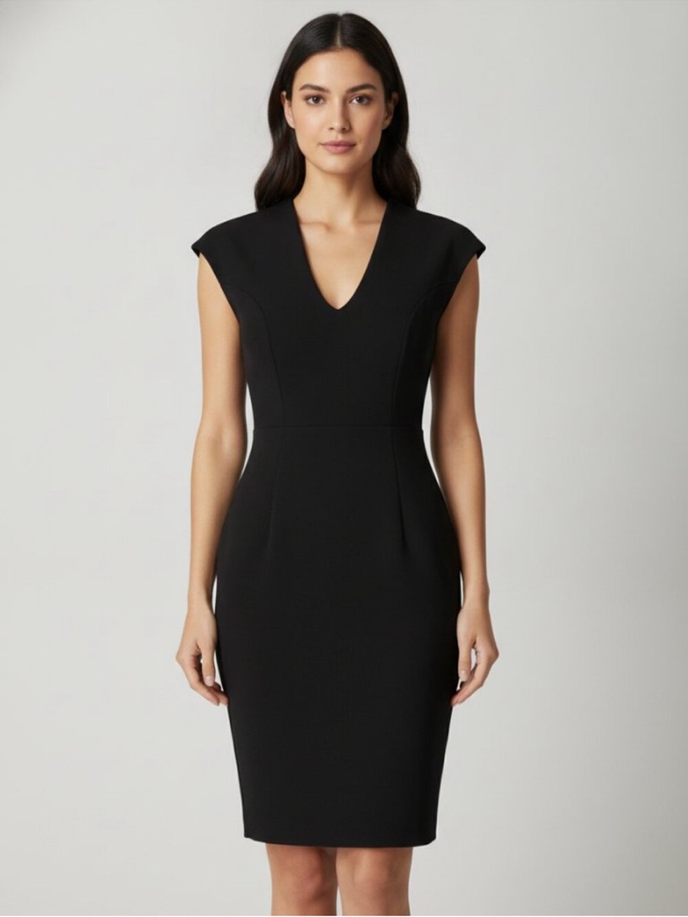 NWT Sleeveless Black Midi Sheath Dress with Low Neckline